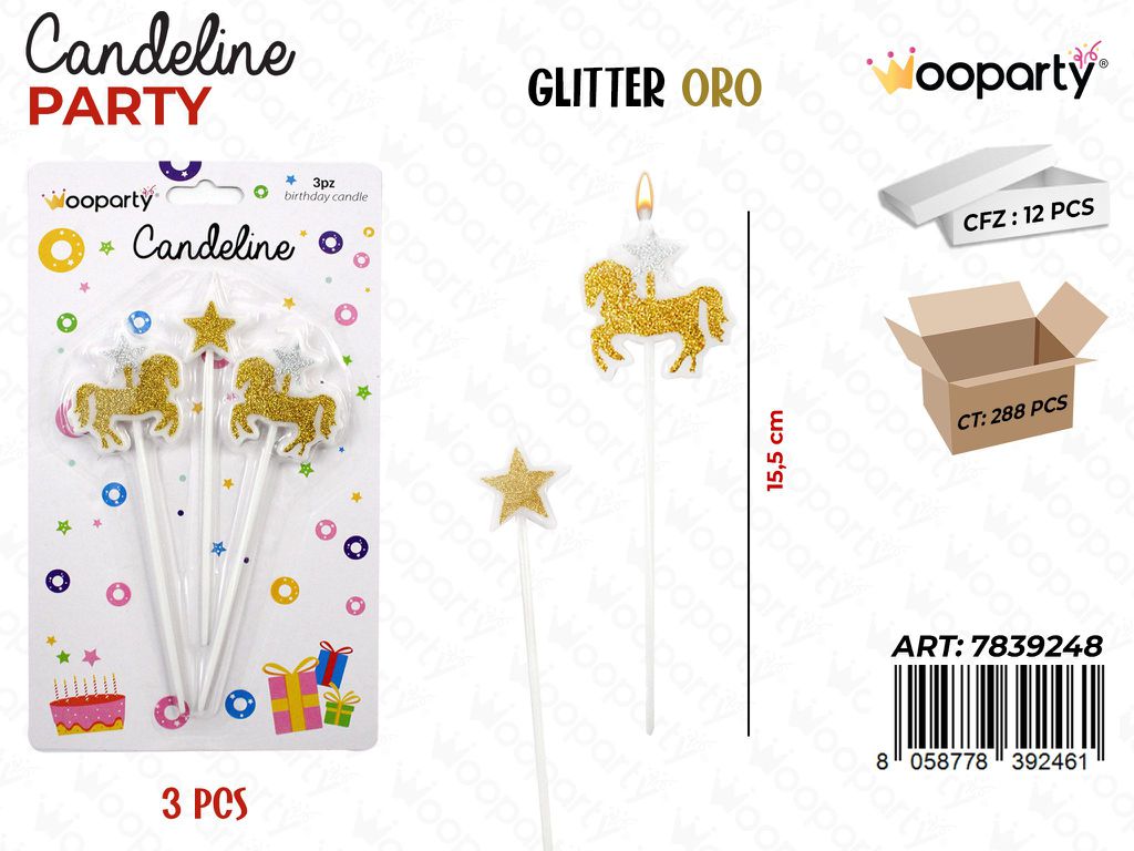 CANDELINE UNICORNO C/ GLITTER ORO 15.5CM 3PCS / PZ DA 12**