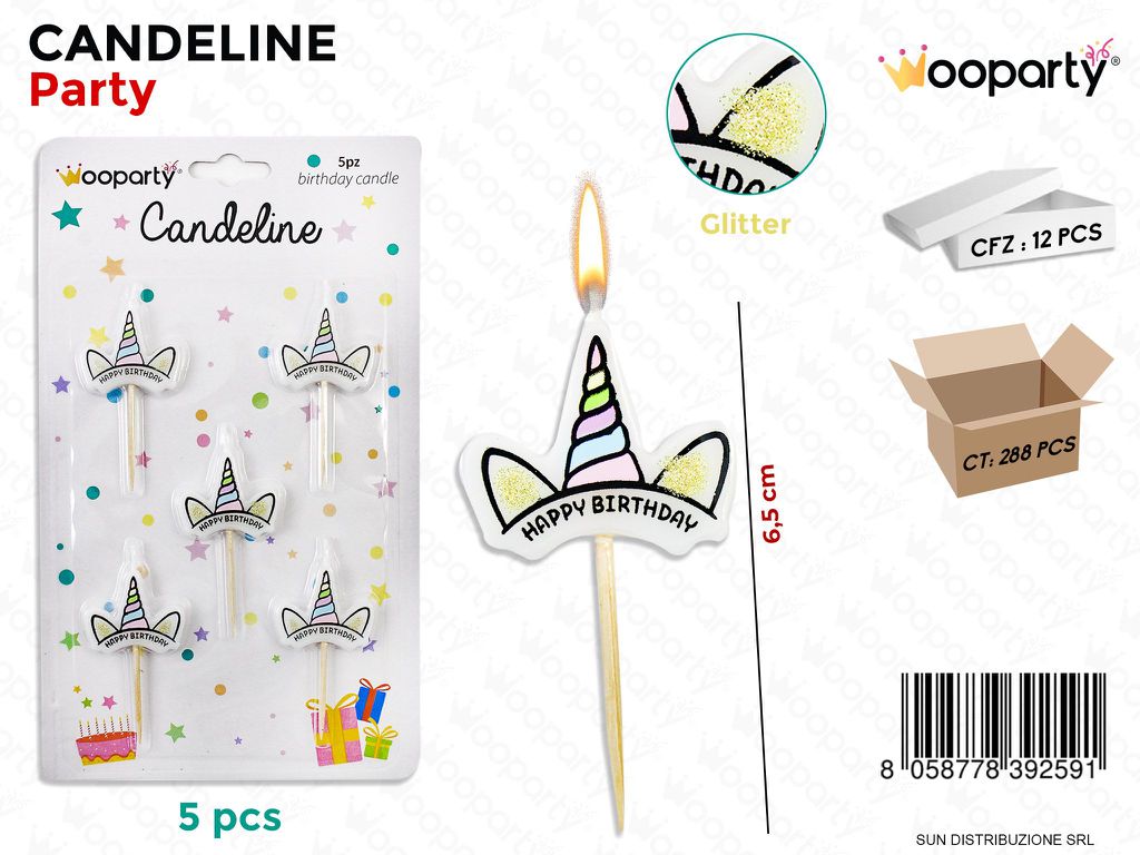 CANDELINE UNICORN C/ GLITTER 6.5CM 5PCS/PZ DA 12**