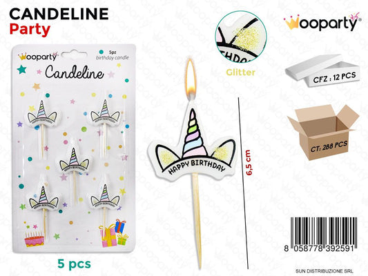 CANDELINE UNICORN C/ GLITTER 6.5CM 5PCS/PZ DA 12**