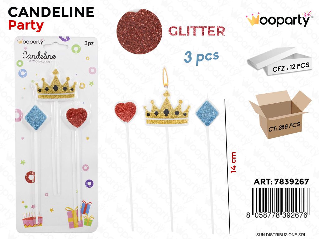 CANDELINE GLITTER CORONA ASS. 3PCS 14CM /PZ DA 12**
