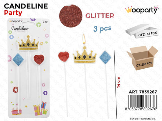 CANDELINE GLITTER CORONA ASS. 3PCS 14CM /PZ DA 12**
