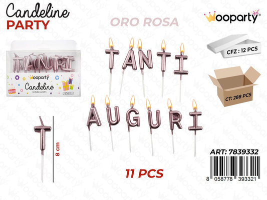 CANDELINE TANTI AUGURI  OROROSA 11PCS 8CM /PZ DA 12**