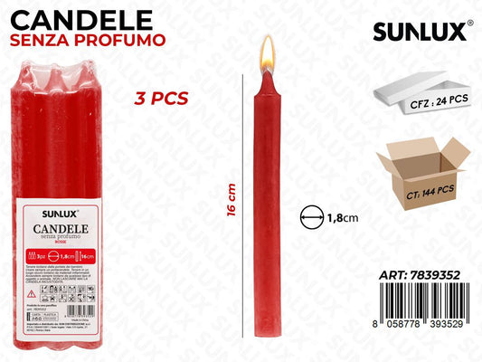 Candele Stelo Senza Profumo Rosso 3PCS 16CM