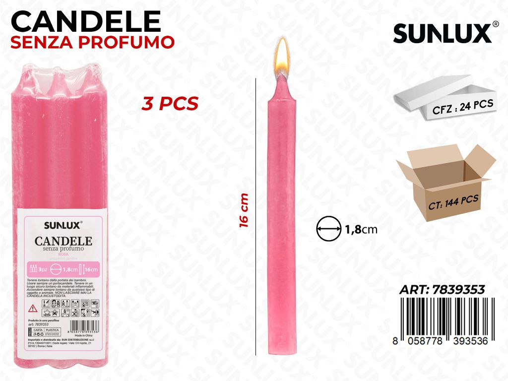 Candele Stelo Senza Profumo Rosa 3PCS 16CM