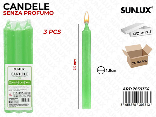 CANDELE STELO SENZA PROFUMO VERDE 3PCS 16CM /PZ DA 24**