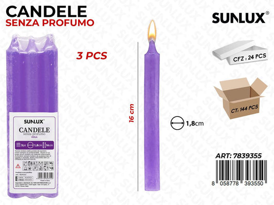 Candele Stelo Senza Profumo Viola 3PCS 16CM