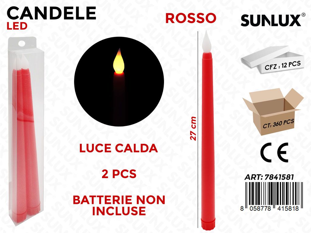 Sunlux Candele Led Rosso Luce Calda 2PCS 27CM