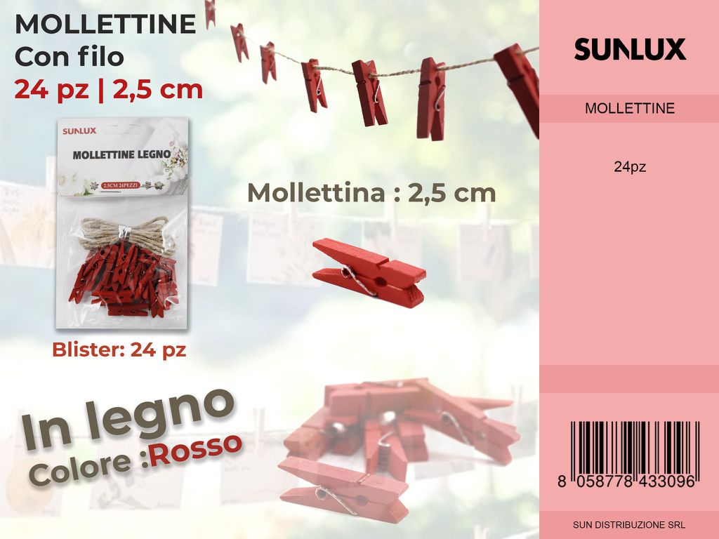 Mollettine con Filo in Legno Rosso 24PC-2.5CM