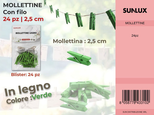 Mollettine con Filo in Legno Verde 24PC-2.5CM