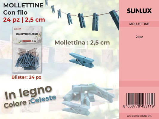 Mollettine con Filo in Legno Celeste 24PC-2.5CM