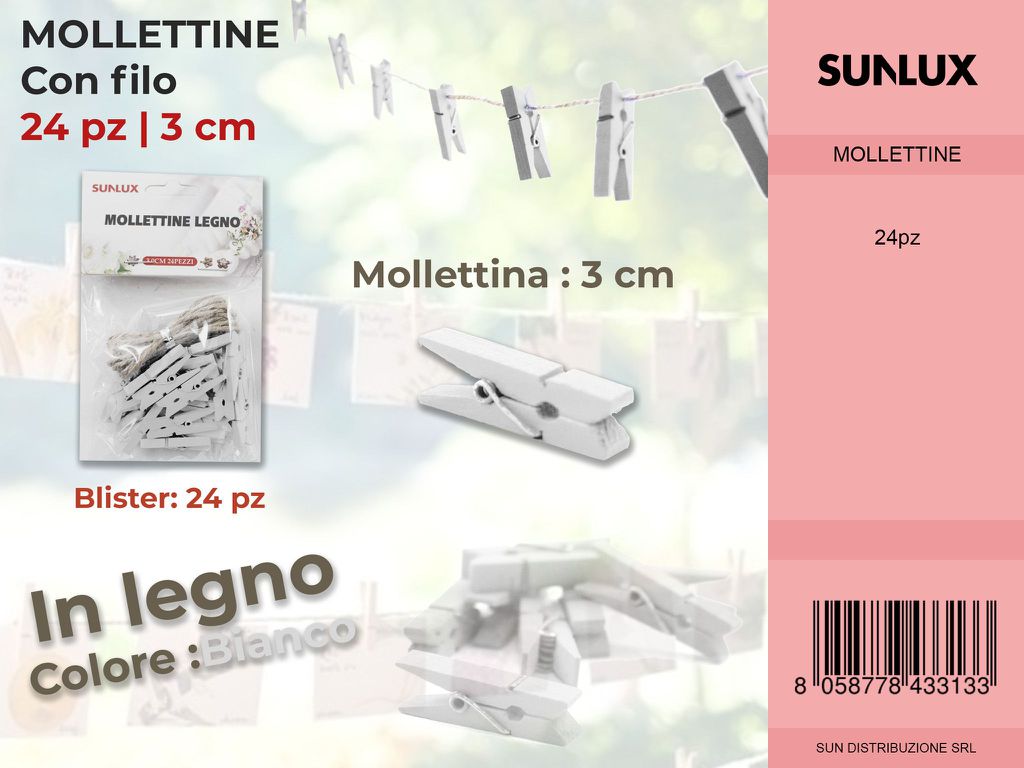 Mollettine con Filo in Legno Bianco 24PC-3CM