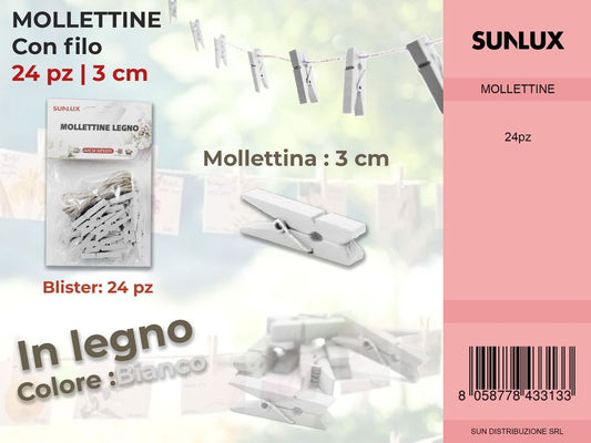 Mollettine con Filo in Legno Bianco 24PC-3CM