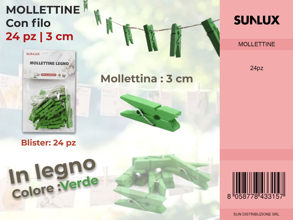 Mollettine con Filo in Legno Verde 24PC-3CM