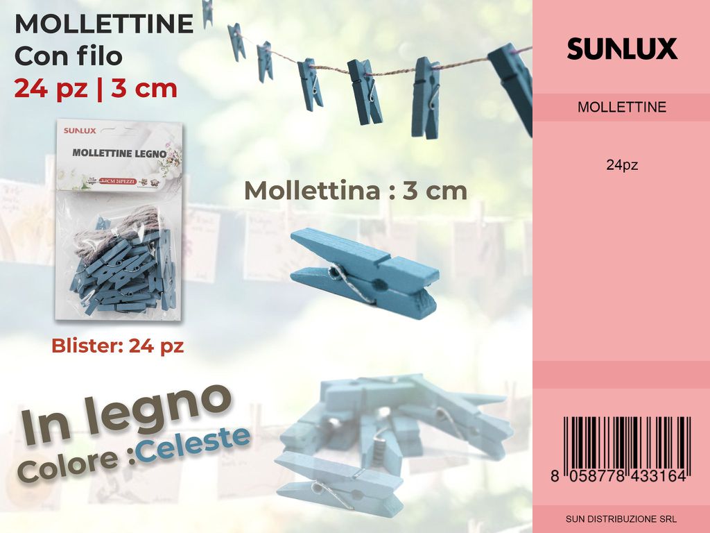 Mollettine con Filo in Legno Celeste 24PC-3CM