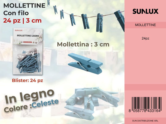 Mollettine con Filo in Legno Celeste 24PC-3CM