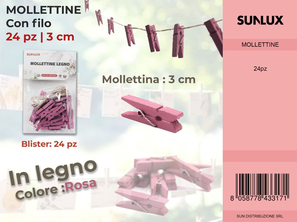 Mollettine con Filo in Legno Rosa 24PC-3CM