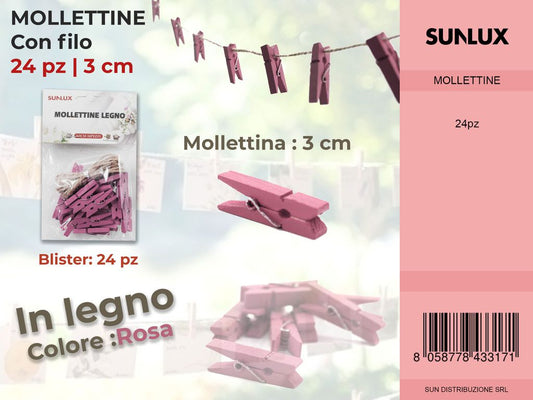 Mollettine con Filo in Legno Rosa 24PC-3CM