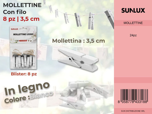 Mollettine con Filo in Legno Bianco 8PC-3.5CM