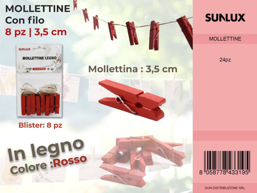 Mollettine con Filo in Legno Rosso 8PC-3.5CM