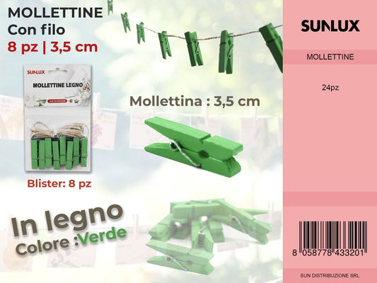 Mollettine con Filo in Legno Verde 8PC-3.5CM