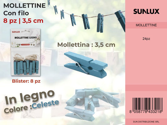 Mollettine con Filo in Legno Celeste 8PC-3.5CM