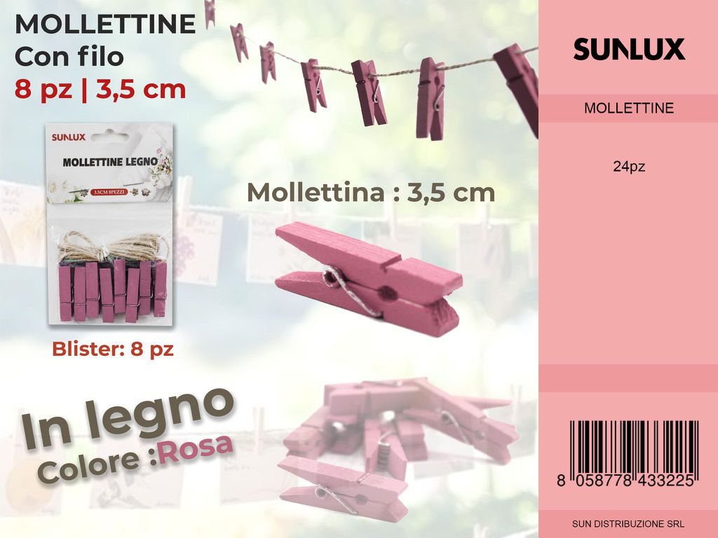 Mollettine con Filo in Legno Rosa 8PC-3.5CM