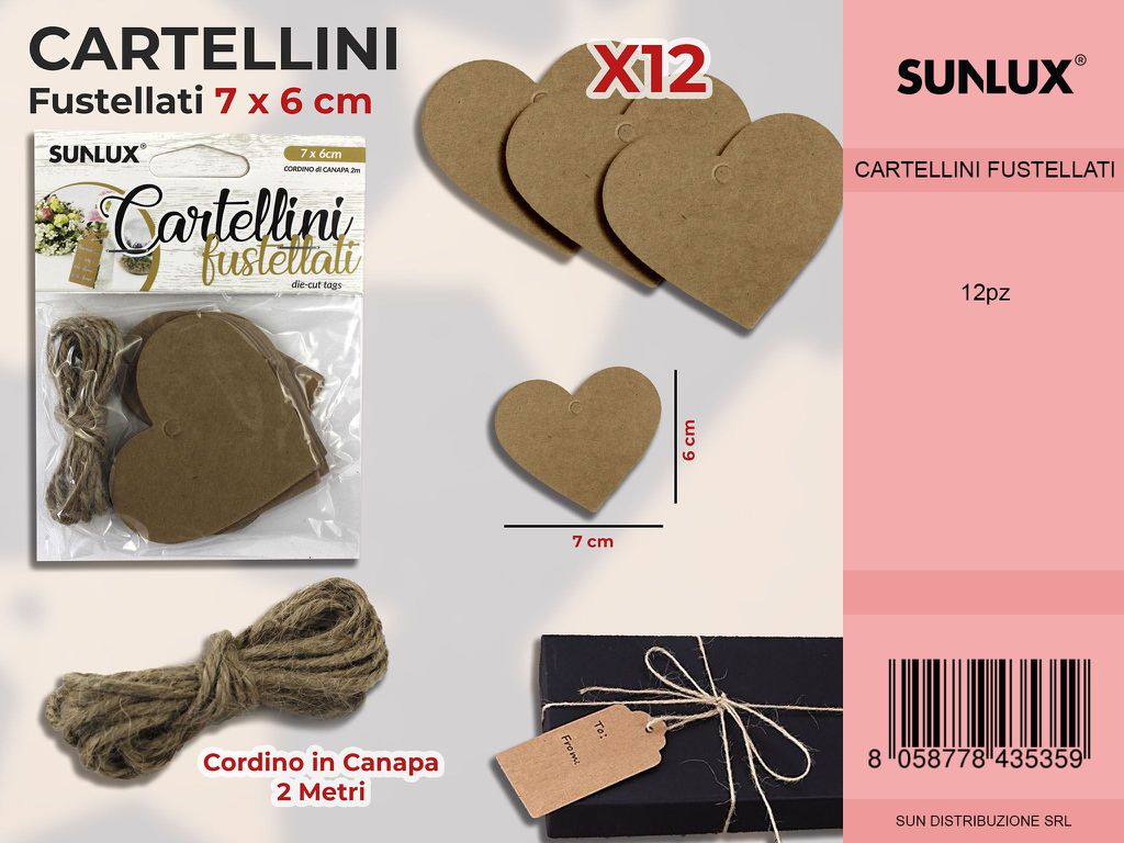 Cartellini Fustellati 12PCS 7*6CM c/ Cordino 2MT