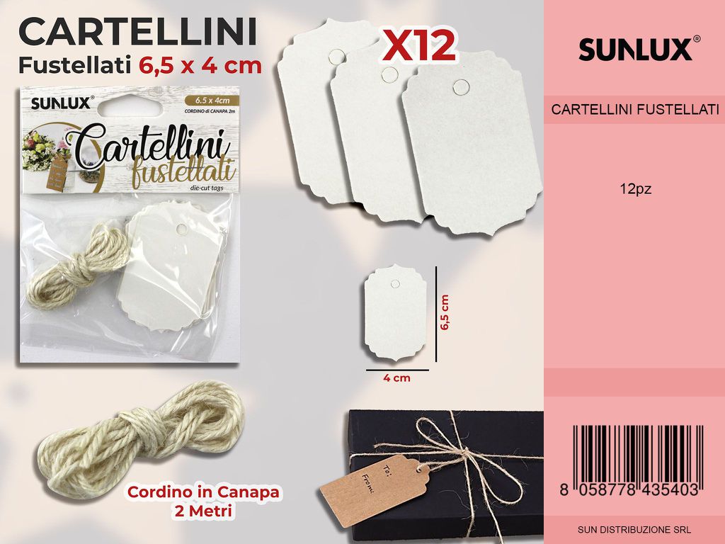 Cartellini Fustellati 12PCS 6.5*4CM c/ Cordino 2MT