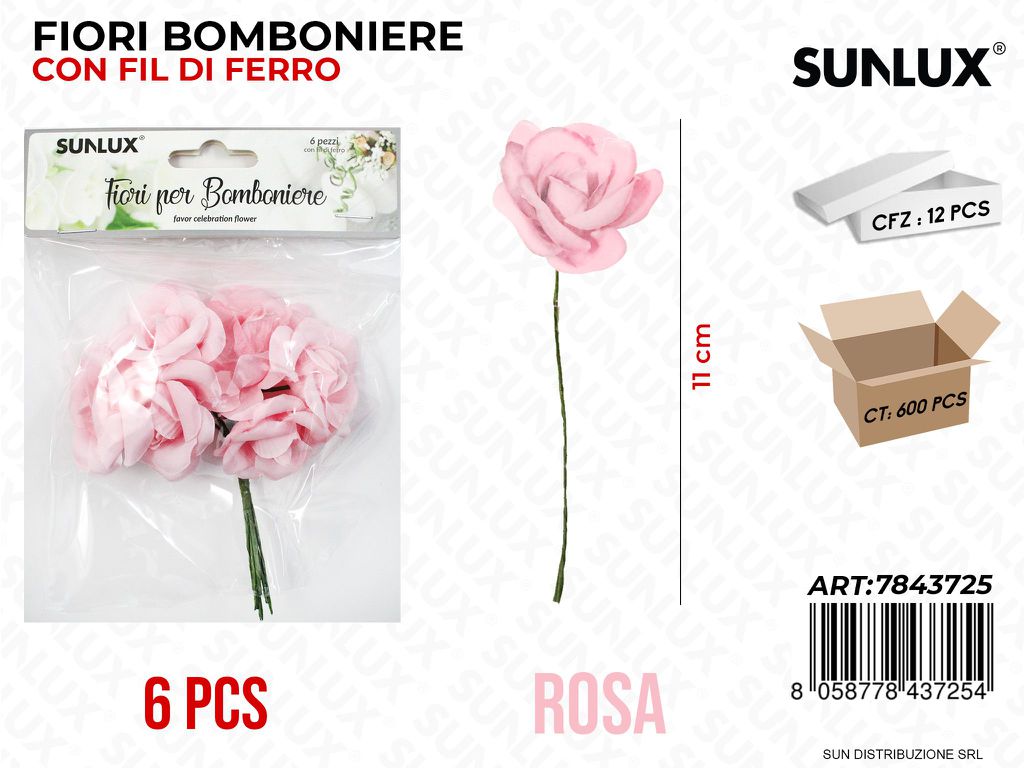 Fiori Bomb. c/ Fil di Ferro Rosa 6PCS 11CM/ Pz da 12