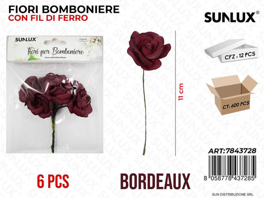 Fiori Bomb. c/ Fil di Ferro Bordeaux 6PCS 11CM/ Pz da 12