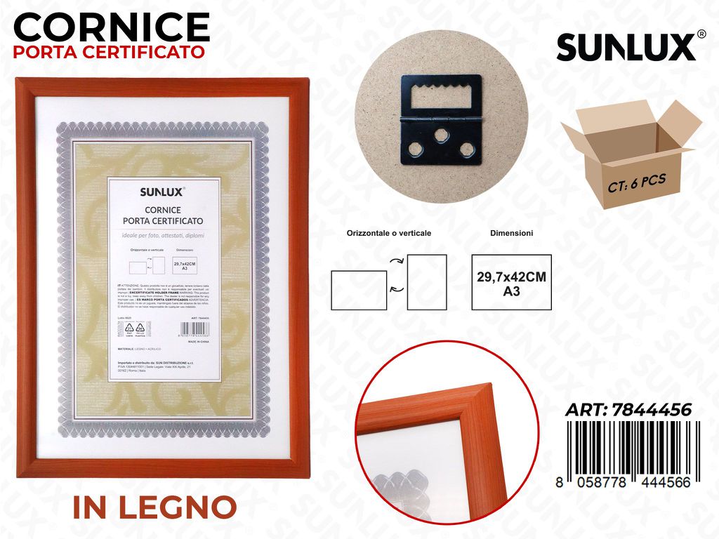 Sunlux Cornice Porta Certificato in Legno 29.7*42CM