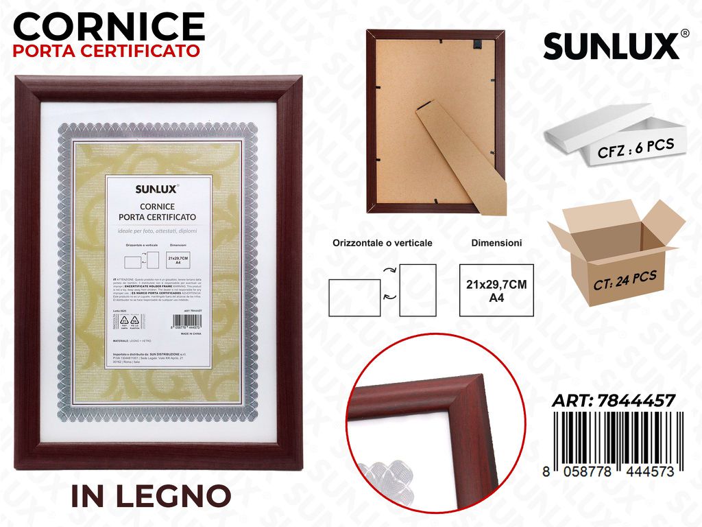 Sunlux Cornice Porta Certificato in Legno 21*29.7CM
