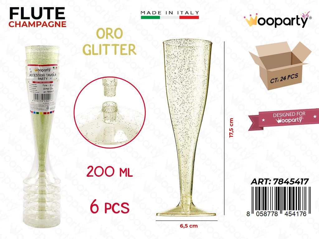 FLUTE ORO GLITTER 200ML 6PCS 6.5*17.5CM /PZ DA 24**