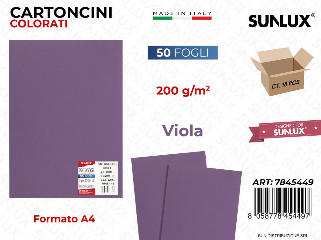Cartoncino Viola 200GR F.to A4 50FF