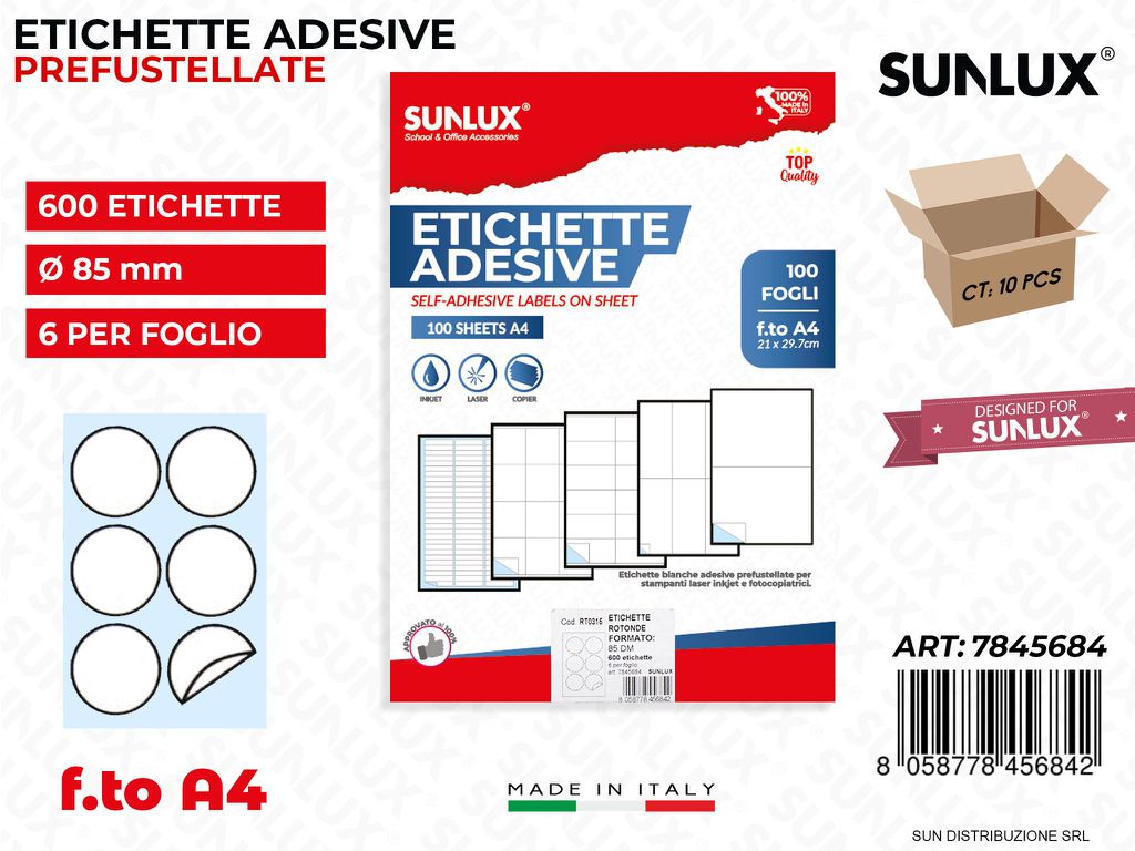 Etichette Adv F.to A4 D.85MM 6ETx1FG 600PCS * 100FF