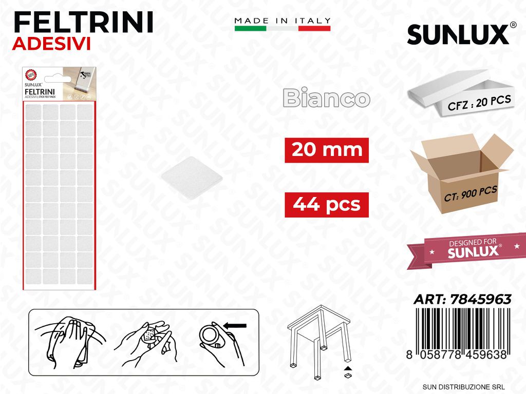Feltrini Adesivi Quad. Bianco 20MM 44PCS /Pz da 20BL