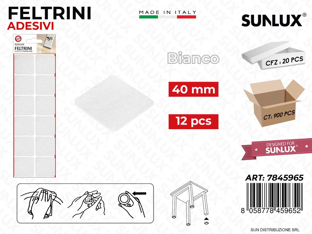 Feltrini Adesivi Quad. Bianco 40MM 12PCS /Pz da 20BL