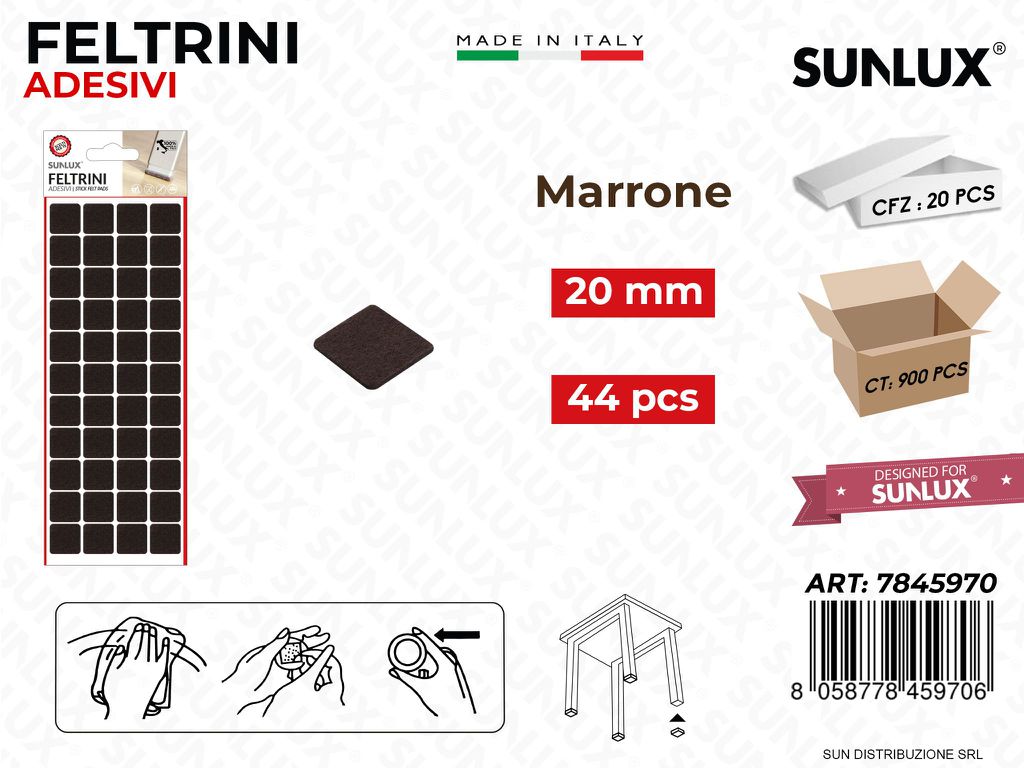 Feltrini Adesivi Quad. Marrone 20MM 44PCS /Pz da 20BL