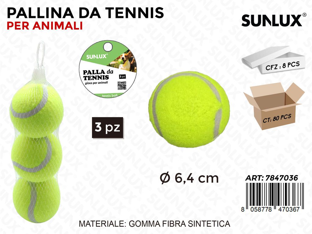 Sunlux Pallina da Tennis per Animali 3PCS D.6.4CM