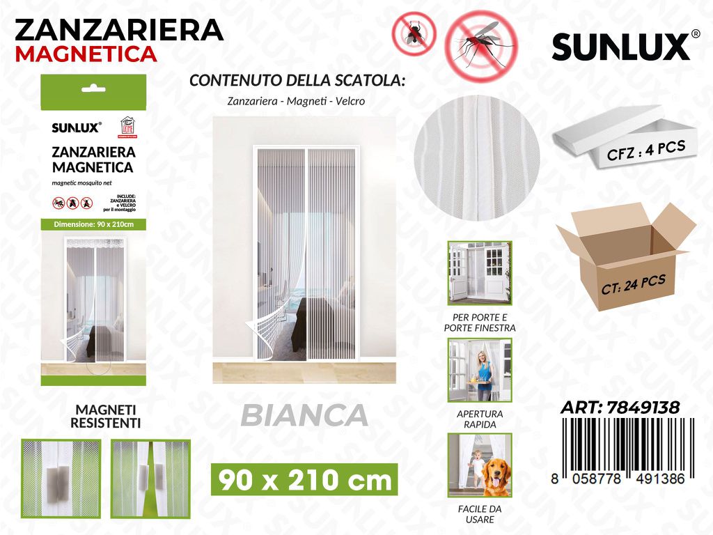 Sunlux Zanzariera Magnetica Bia. c/ Velcro 90*210CM