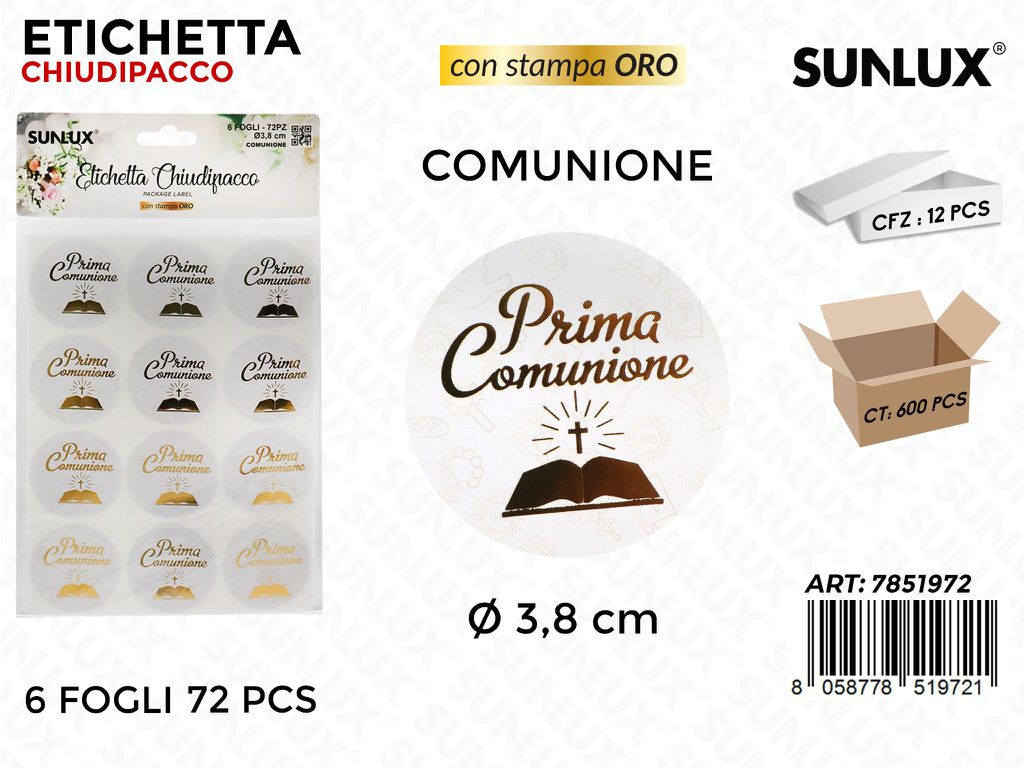 Sunlux Etichetta Chiudipacco Comunione 6FF 72PCS