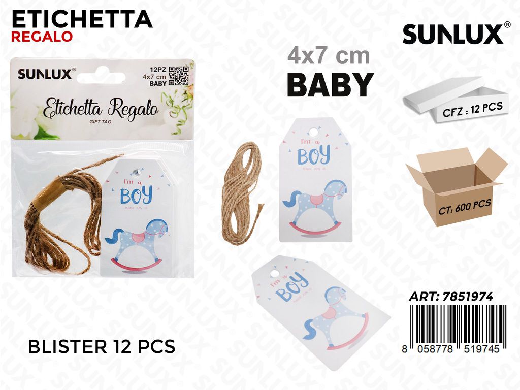 Sunlux Etichetta Regalo Baby Boy 12PCS 4*7CM