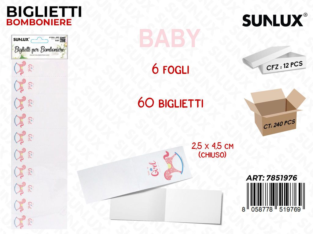 Sunlux Biglietti Bomb. Baby Girl 6FF 60PCS