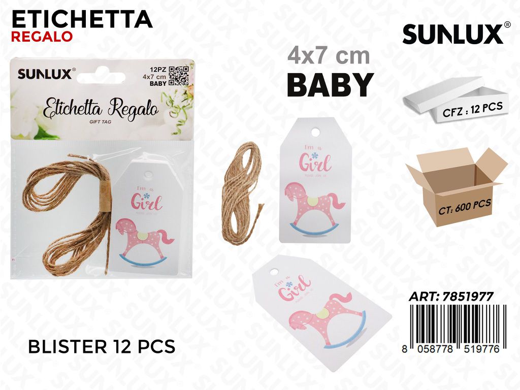 Sunlux Etichetta Regalo Baby Girl 12PCS 4*7CM