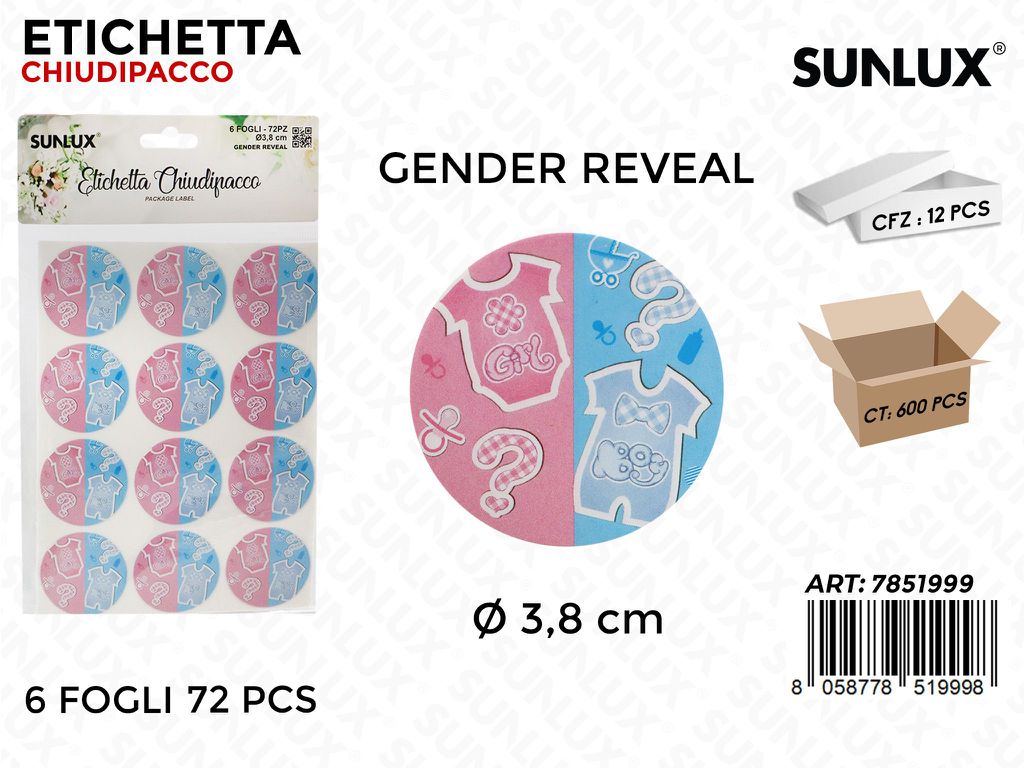 Sunlux Etichetta Chiudipacco Gender Reveal 6FF 72PCS