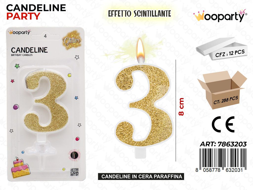 CANDELE ORO SCINTILLANTE 8CM N.3 /PZ DA 12**