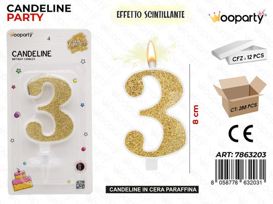 CANDELE ORO SCINTILLANTE 8CM N.3 /PZ DA 12**
