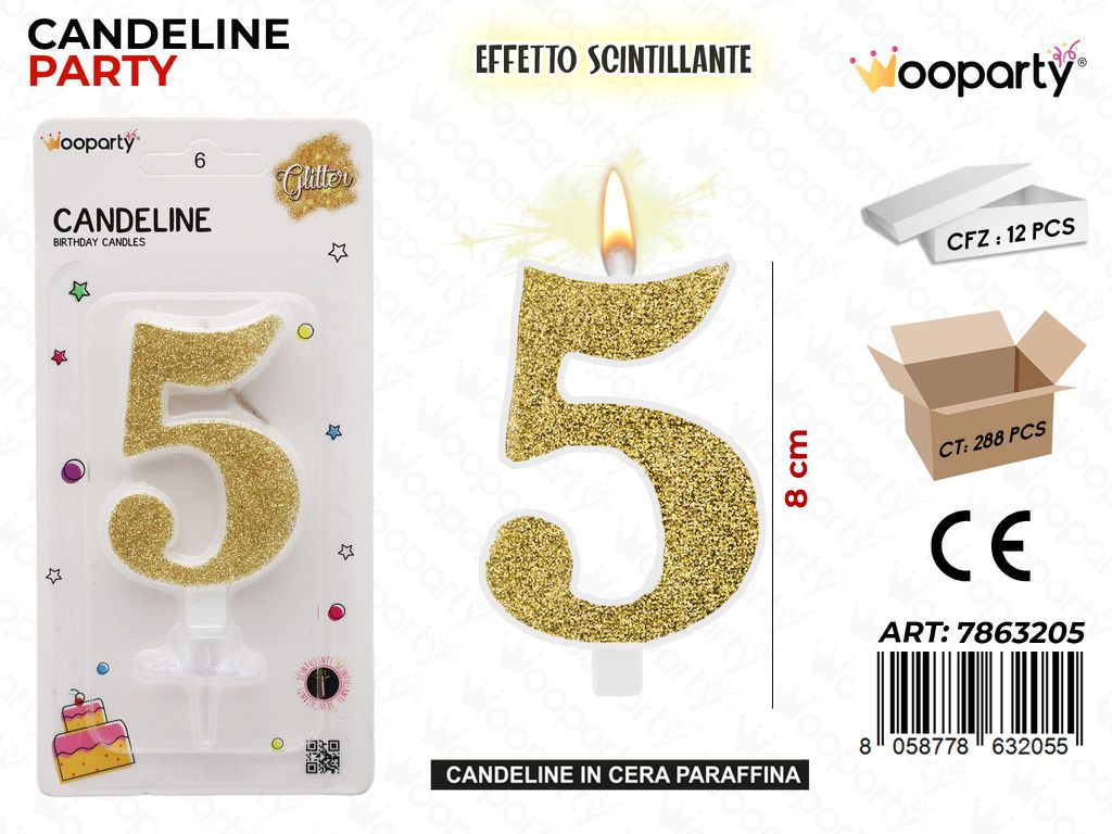 CANDELE ORO SCINTILLANTE 8CM N.5 /PZ DA 12**