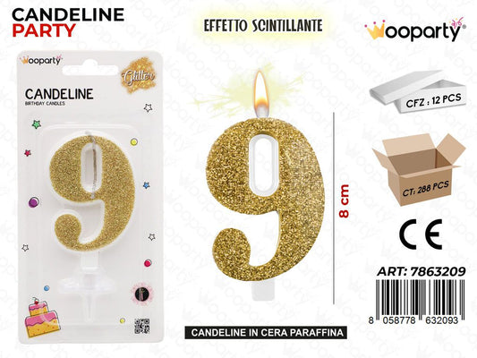 CANDELE ORO SCINTILLANTE 8CM N.9 /PZ DA 12**