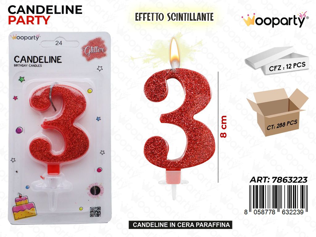CANDELE ROSSO SCINTILLANTE 8CM N.3